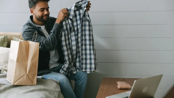 a man sitting on the bed while holding a shirt in front of the laptop